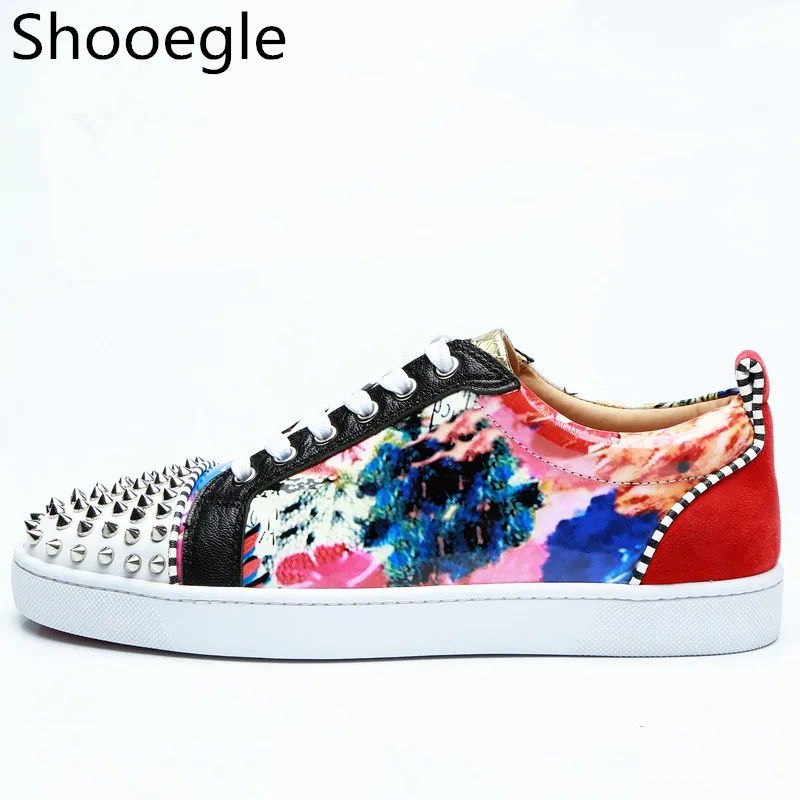 

Men Floral Print Flat Lace up Low Top Patchwork Casual Shoes Rivets Men Sneakers Runway Chaussures Hommes
