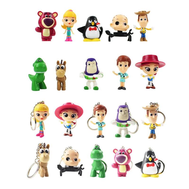 

10pcs/lot Toy Story Figures Keychains Woody Buzz Jessie Rex Dinosaur Andy Wheezy Bullseye Squeeze Alien Lotso Bear Mini Baby Toy