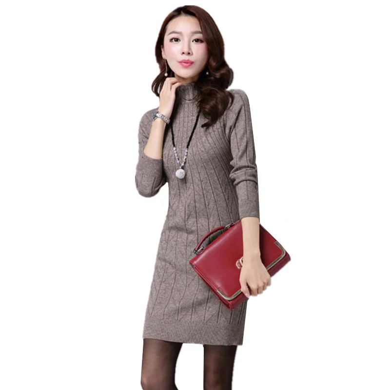 

Women Long Sweater Dress 2018 Fall Winter Thick Warm Half Turtleneck Pullovers Sweater Elastic Knitted Dress Bottoming Vestidos