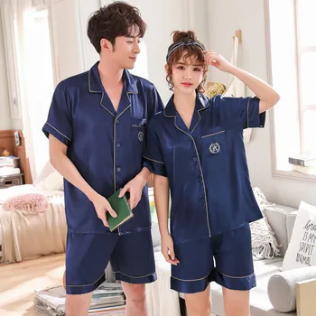 

Couple Pajamas 2019 Summer New Short-sleeved Sexy Simulation Silk Pajamas Large Size Couple Pajamas Set