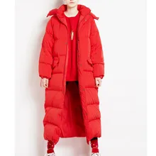 Длинное пуховое пальто с капюшоном красного цвета на утином пуху для женщин, зимнее женское пальто на заказ, любой размер