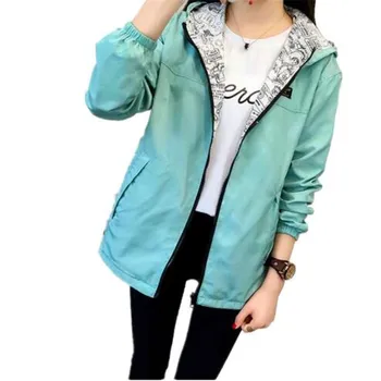 

2018 Spring Autumn Women Basic Jacket Pocket Zipper Hooded Two Side Wear Cartoon Print Outwear Loose Coat Windbreaker Female