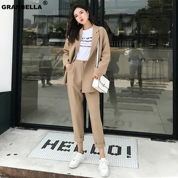 

Fashion OL Style Women Pant Suits Notched Collar Blazer Jacket & Pencil Pant Camel Female Suit Autumn 2019 Two Pieces Sets