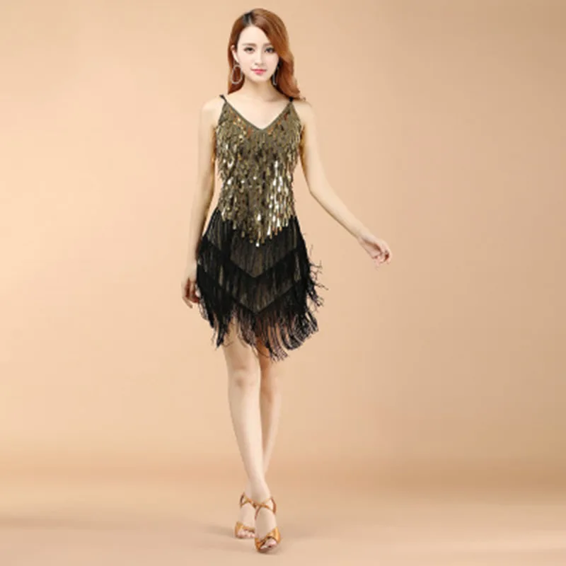 

Sexy Women Tassel Sequin Latin Dance Dress Girl Sleeveless Allover Sequin Tiered Fringe Swing 1920s Gatsby Flapper Party Dress