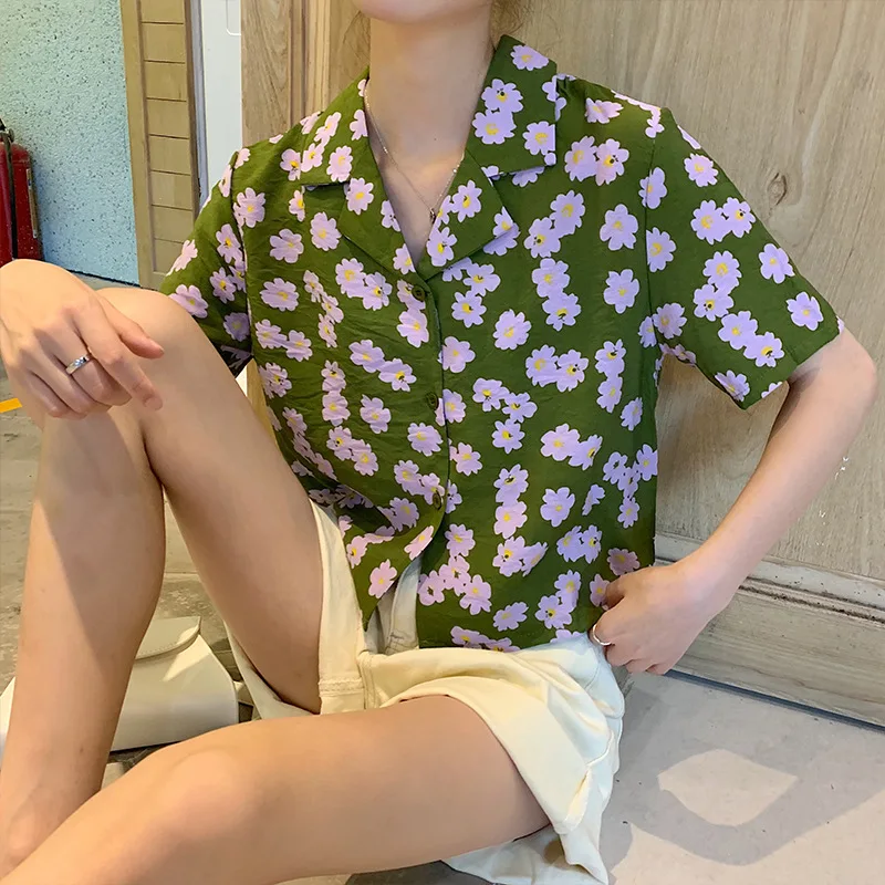 

Daisy Blouse Women Retro Hong Kong Style Short Sleeve Printing Design Sense Summer 2019 New Style Loose Women Blouses Shirt
