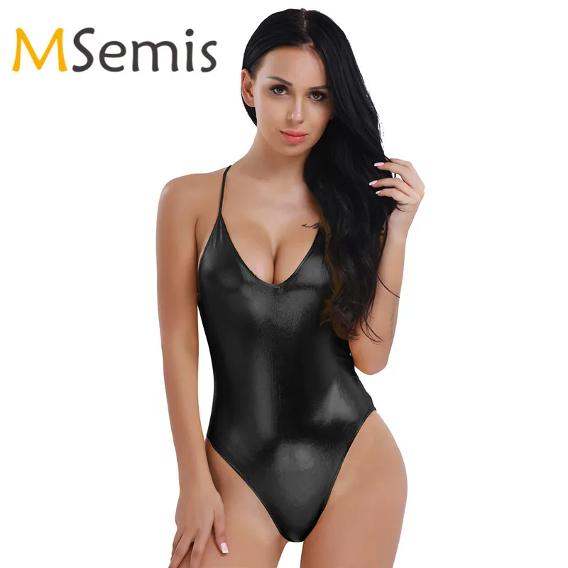 

Sexy Women Ballet Dress Adult Patent Leather Lingerie Leotard Women Ballet Dress Spaghetti Straps High Cut Thong Dancewear