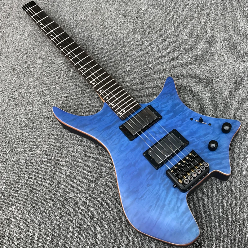 

Grote New Style Headless Electric Guitar with Quilted Maple top, Satin finish Blue color, Black Hardware, Rosewood fretboard