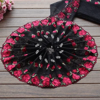 

8.26"21cm(2yards/lot) Embroidered Floral Tulle Lace Trim Black+Red+Green ,Mesh Embroidery Lace Trim