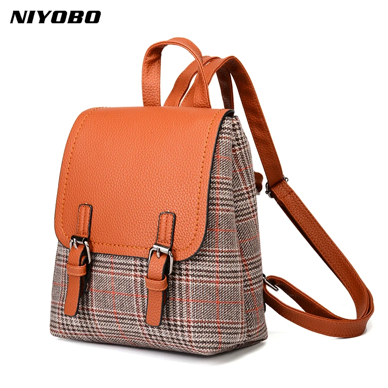 NIYOBO 2018 New PU Leather Woman Backpack All match Plaid Backpacks for Women Small Bags Wool ...