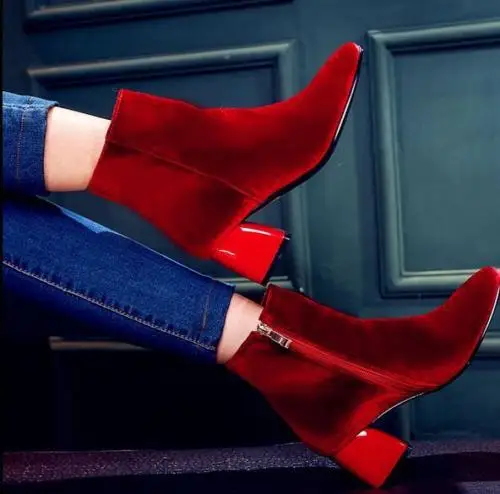 

US4-11 Women Sexy Gold Velvet Quilted Side Zipper Round Toe Cuban Luster Heels Ankle Boots Shoes Plus Size Big Black Green Red