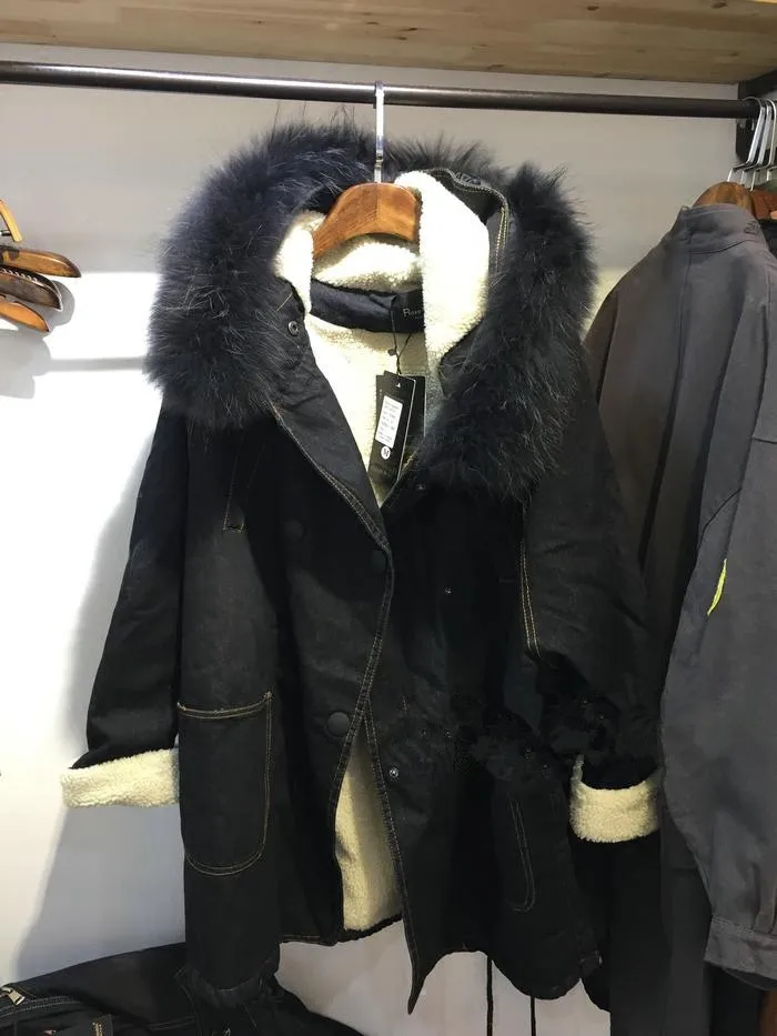 Парка с капюшоном из лисьего меха, джинсовая куртка для женщин, зимние пальто из искусственного меха ягненка, Толстая Женская куртка, длинная теплая джинсовая куртка, пальто - Цвет: Черный