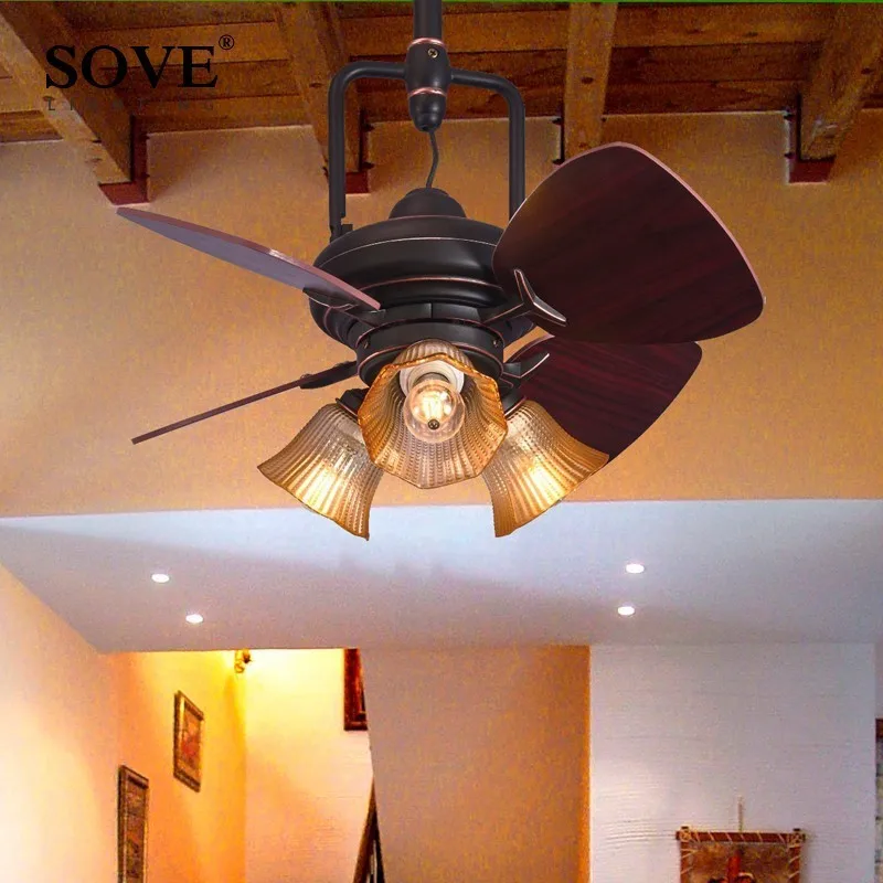 SOVE, 24 дюйма, Ретро стиль, Деревянный Мини потолочный светильник, s, декоративный, для спальни, дома, 220 вольт, потолочный светильник, вентилятор, лампа