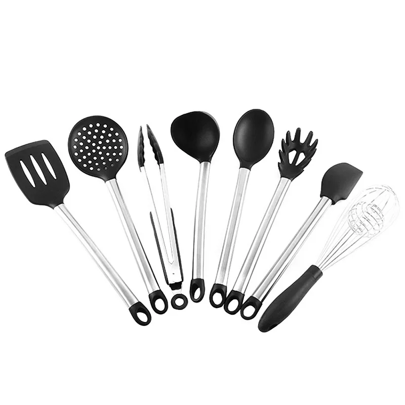 3/4/8/9 Pcs Kitchen Cooking Tool Set Silicone Wooden Handle Spoon Shovel Non Stick Dinnerware Cooking Tools Accessories Supplies
