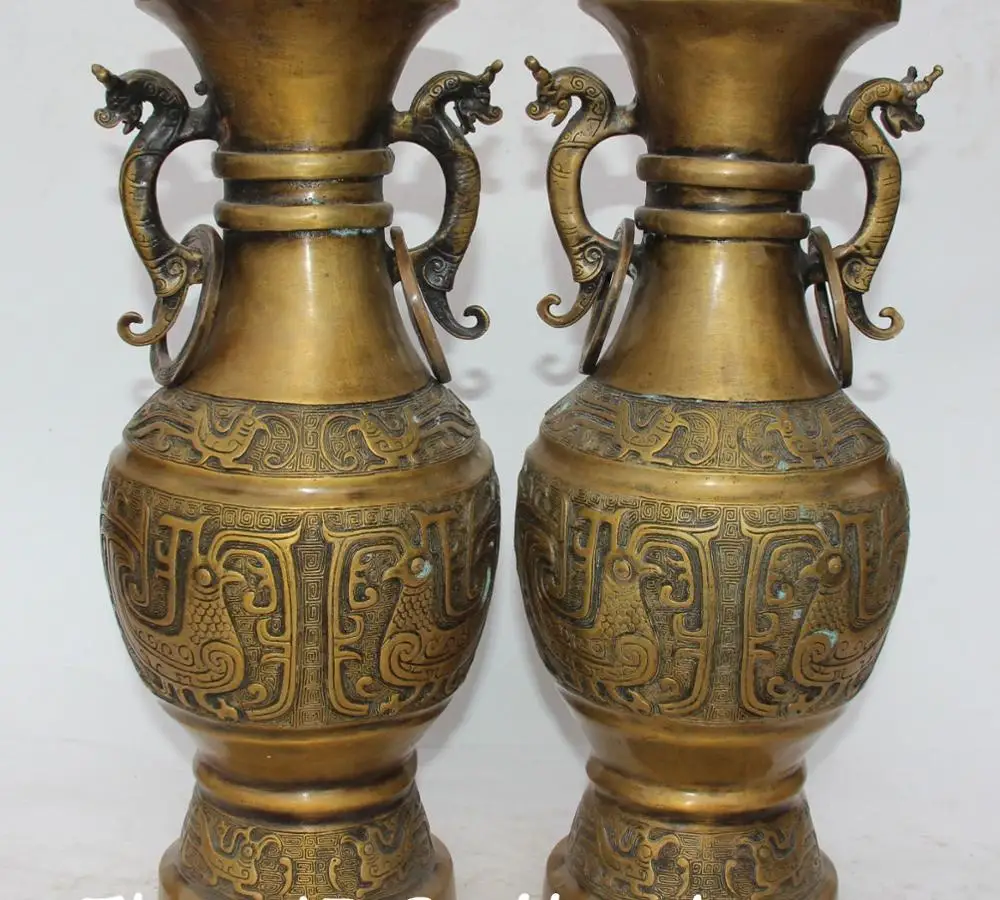 

14"Old Chinese Dynasty Soild Pure Bronze Dragon Handle Phoenix Vase Bottle Pair