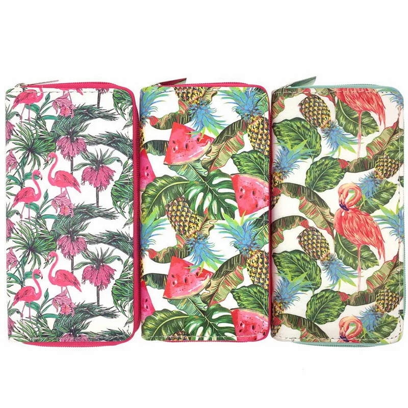 

KANDRA Women's Flamingo Deasigner Pastel Long Zipper Wallet Female Watercolor Leaves Floral Skin Summer Decor Card Holder Purses