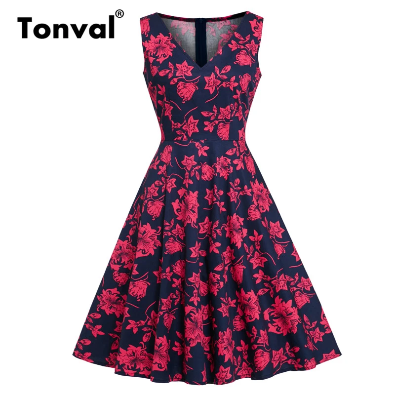 

Tonval Glamorous Red Flower Rockabilly Vintage Women Dress V-Neck 1950s Style Party Sexy Dress A Line Cotton Floral Dresses