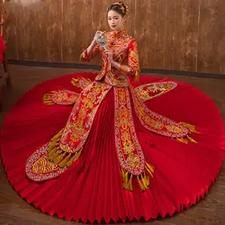 Невеста Cheongsam Традиционный китайский свадебное платье Qipao красный Восточный Стиль платья Для женщин феникс вышивка Китай Костюмы магазине