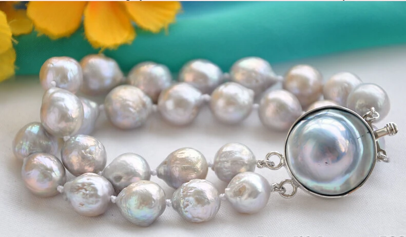 

Free shipping@@@@@ 8" 2row 12mm gray almost round Edison PEARL bracelet mabe clasp