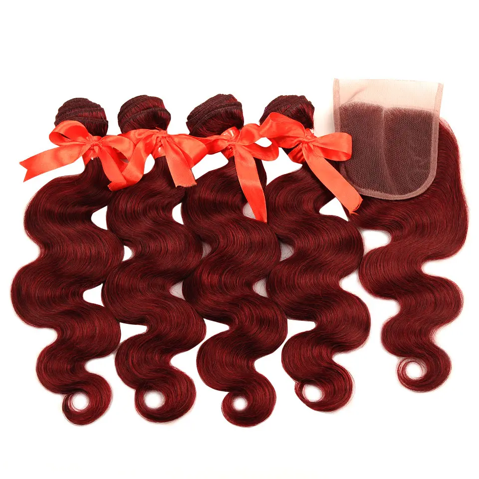 Бордовый Комплект s с Закрытие объемная волна перуанский волос 5 шт. 99J красный Комплект s с закрытием натуральные волосы толстые Комплект