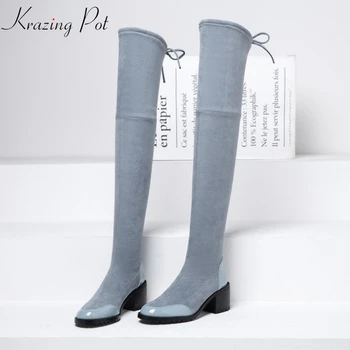 

Krazing Pot 2019 velvet material genuine leather round toe all-match women high heel stretch boots bowtie thigh high boots L1f2