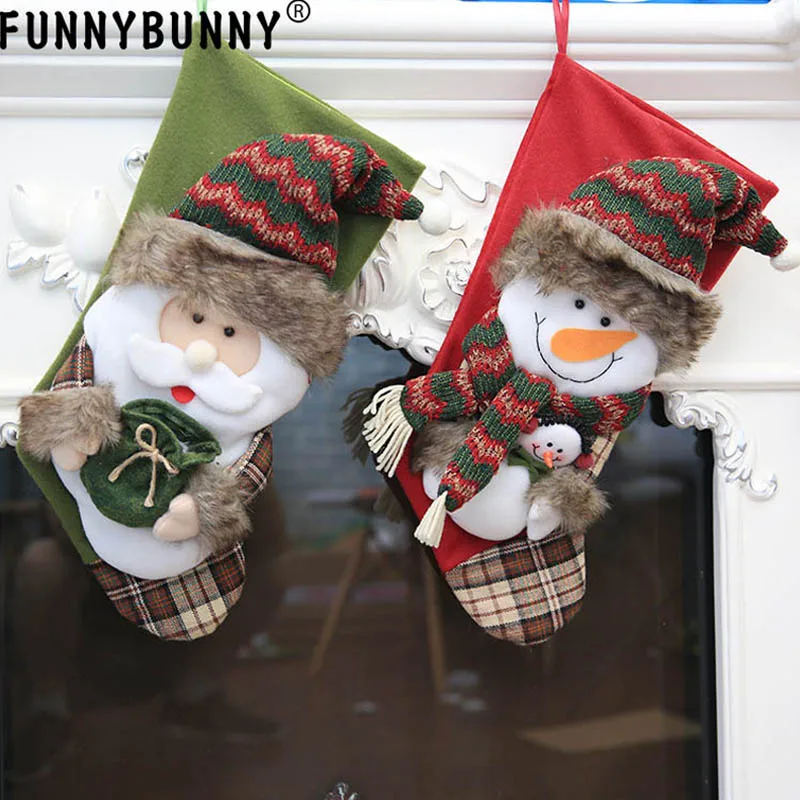 

FUNNYBUNNY Christmas Stocking Plaid Santa Sock Gift Bag Candy Bag Kids Decor Christmas Tree Santa Claus snowman