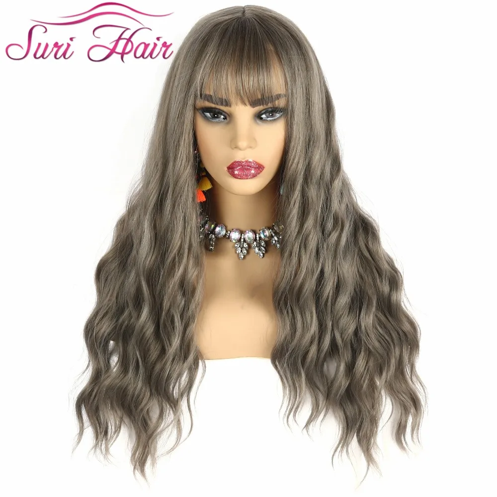 

Suri Hair Long Natural Wave Wigs Synthetic Gray pink black Wig For Women Neat bangs Heat Resistant Fake Women's Hair Pieces 28''