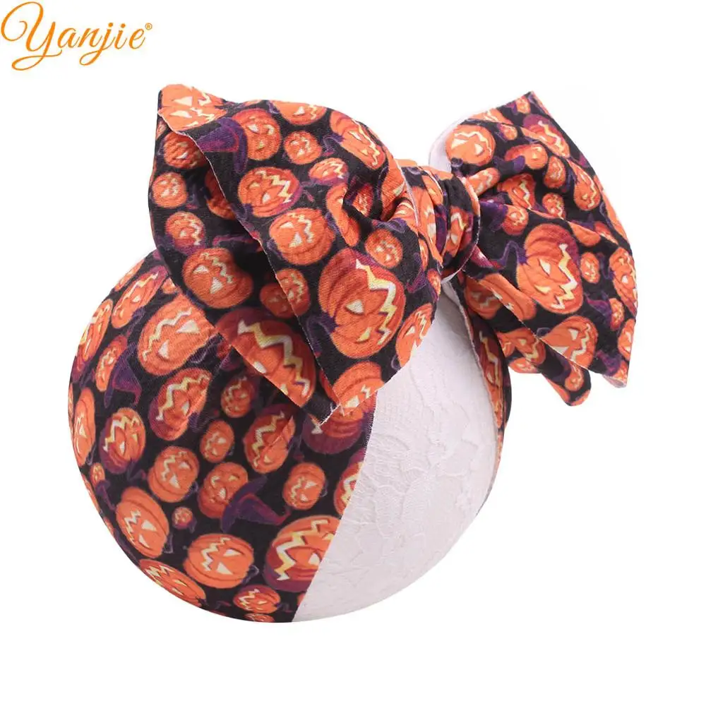 

Halloween Hair Bows Knot Headband Waffle Fabric Pumpkin Ghost Print Elastic DIY Girls Hair Accessories Party Festival Headwrap