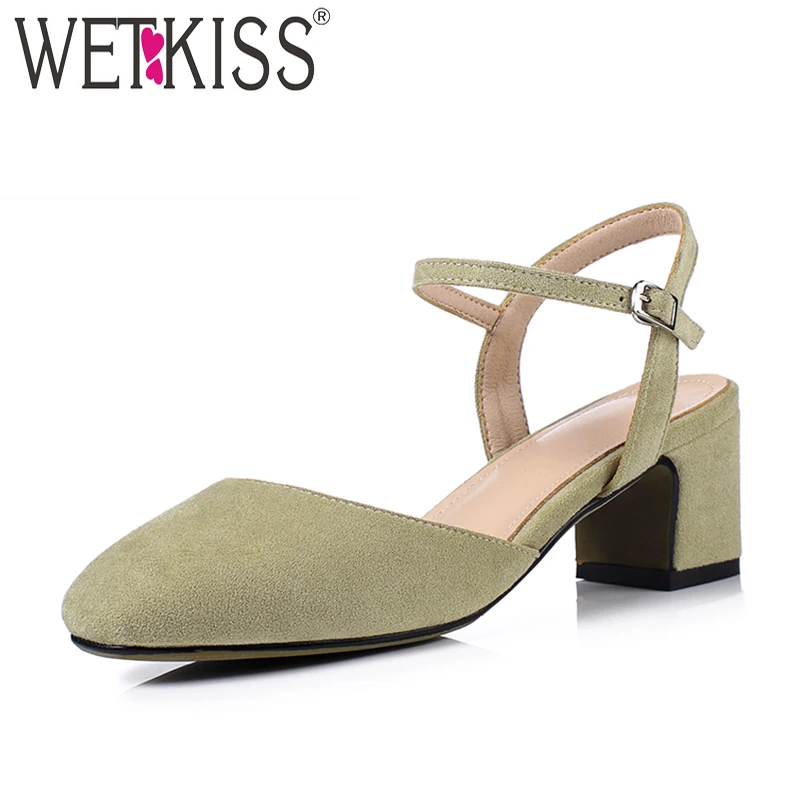 

WETKISS High Heels Women Sandals Flock Thick Heels Square Toe Sandals Shoes 2018 Buckle Fashion Sweet Rear Strap Ladies Shoes