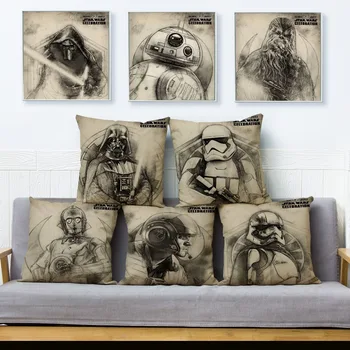 

Beige Linen Cushion Cover Sketch Star War Print Pillow Covers 45*45 Square Throw Pillows Cases Sofa Home Decor Pillowcase