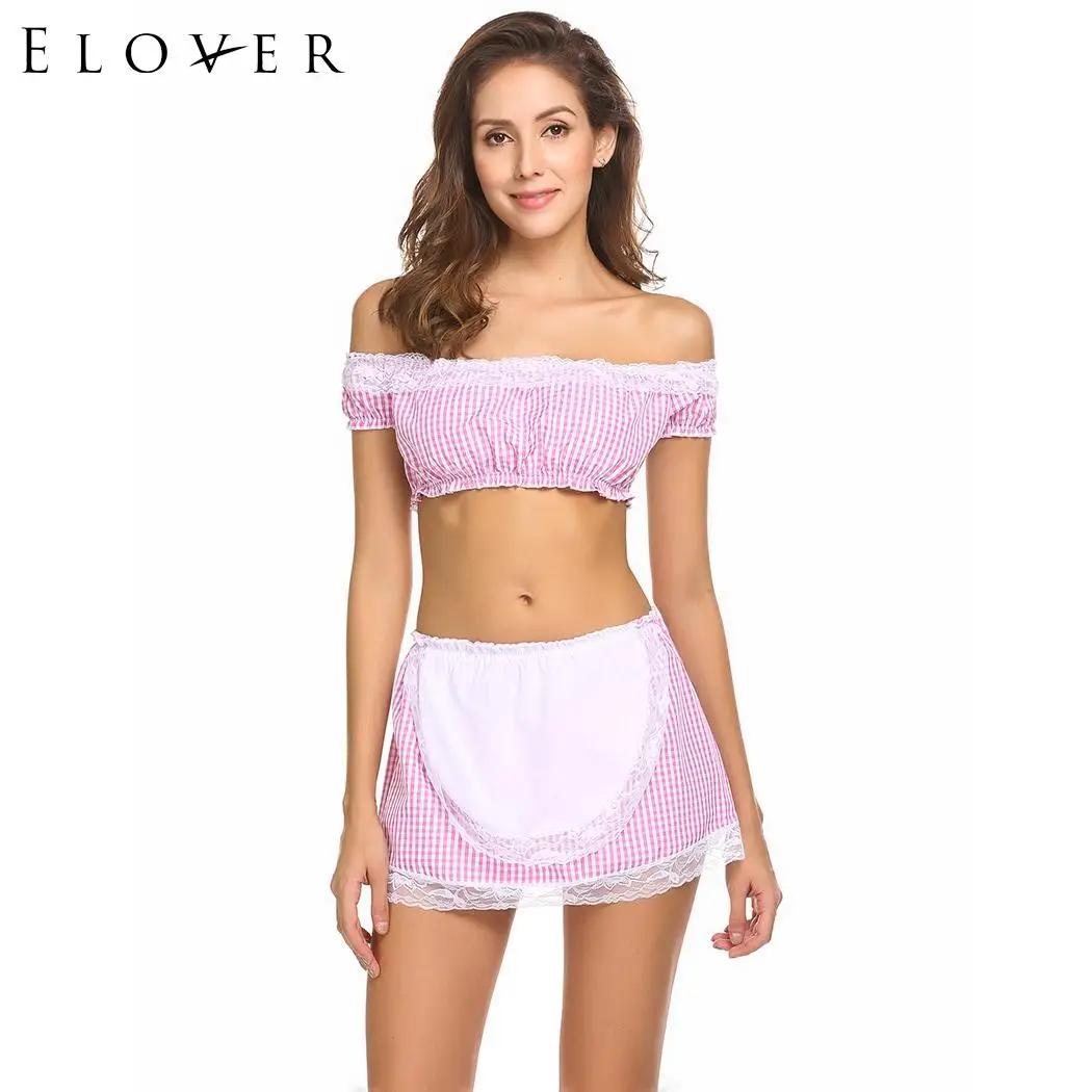 Pink Elover сексуальная форма горничной кружева Для женщин Пледы сексуальный костюм с открытыми плечами комплект лоскутное ропа интерьер mujer сексуальный Эротика - Цвет: Pink