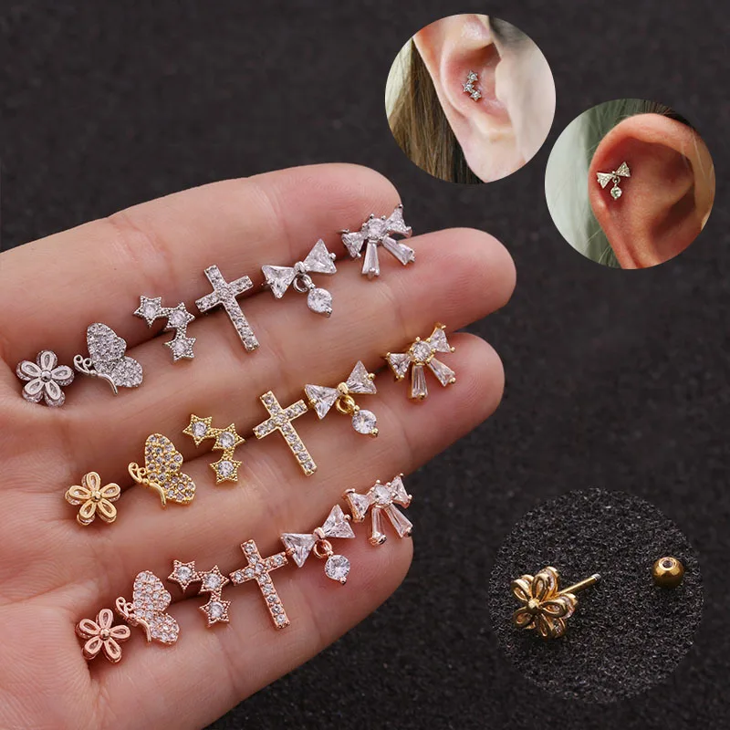 

Imixlot 20g Stainless steel Ear Piercing Jewelry Cz Flower Star Bow Cross Cartilage Helix Earring Rook Conch Screw Back Stud