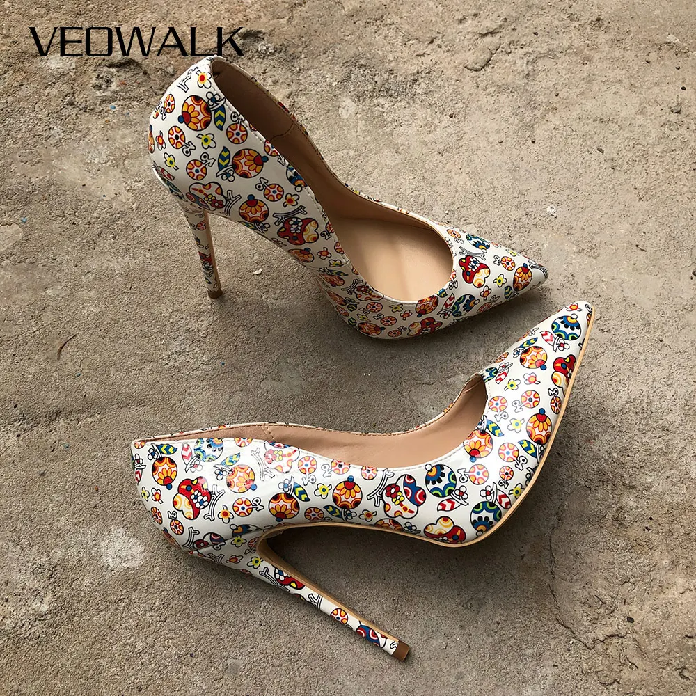 Veowalk White Artistic Graffiti Colorful Women Pumps Sexy Stiletto High