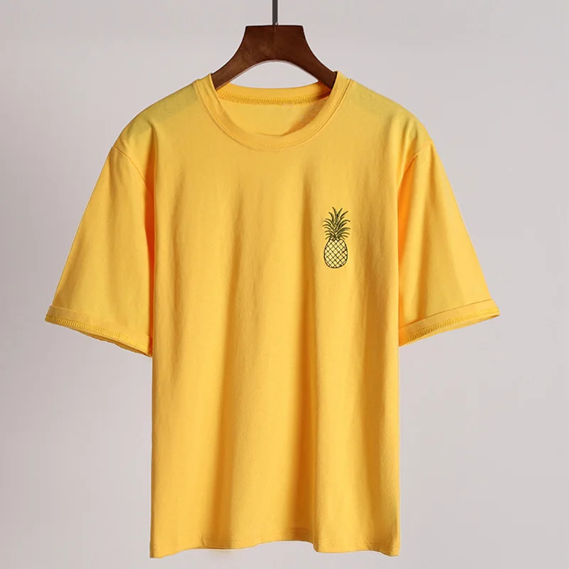

Harajuku Sweet 90s Girl Simple T-shirts Women Pineapple Embroidery All-match Ulzzang T shirt Korean Summer yellow Tee shirt Tops