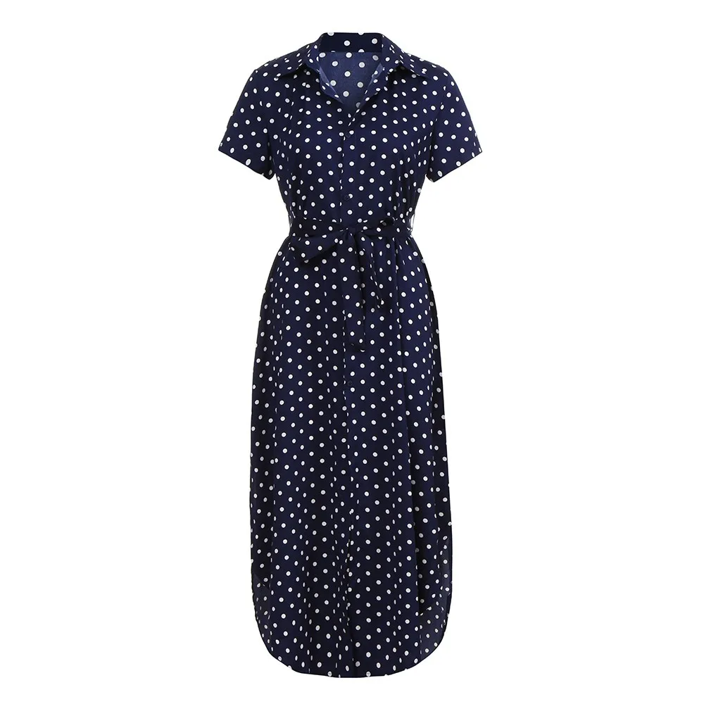 

Summer Women Midi Dress Elegant Polka Dot Printed Sleeve Ladies Shirt Dresses Vintage Party Dress Women Clothes Vestidos New