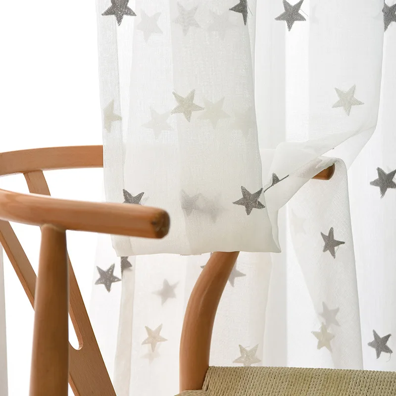 

Modern Gray/Blue Small Star Embroidered Voile Curtains for Living Room Tulle Window Sheer Curtain for Kids Bedroom Custom-made