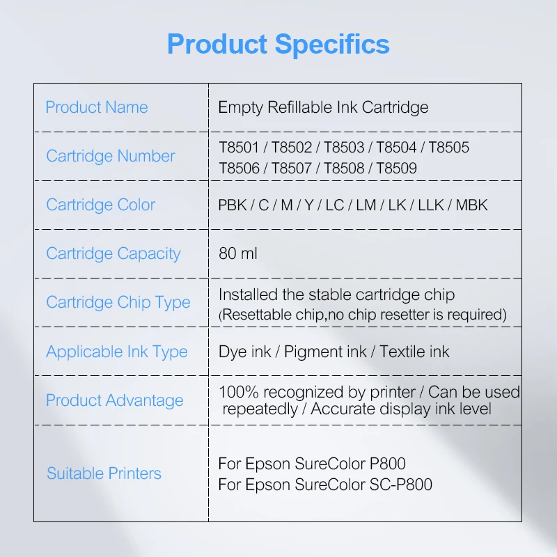 9 цветов/набор T8501 T8501-T8509 пустой многоразовый картридж с чипом сброса для Epson SureColor P800 SC-P800 принтер 80 мл/уп