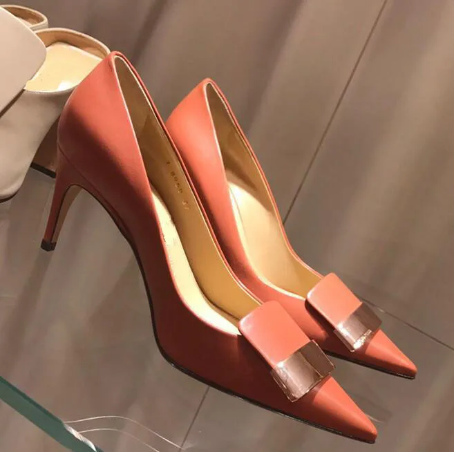 

Carpaton 2019 Newest Leather High Heel Shoes Pointed Toe Woman Pumps Sexy Office Lady Stiletto Heels Orange Black Beige