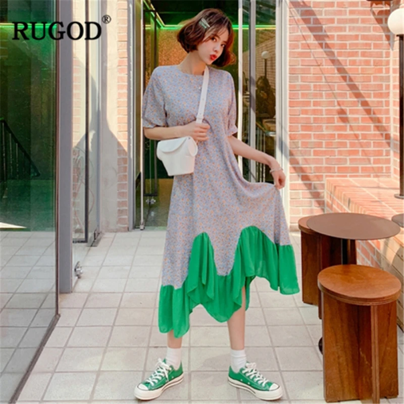 

RUGOD 2019 New Arrival Women Stitching Irregular Dress O-neck Short Sleeves Personalized платье летнее Modis Dress