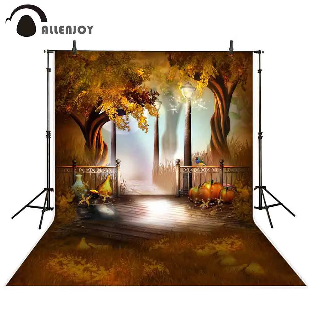 

Allenjoy photography backdrop Autumn maple leaf road pumpkin fence fall photo background studio shoot prop photophone photocall