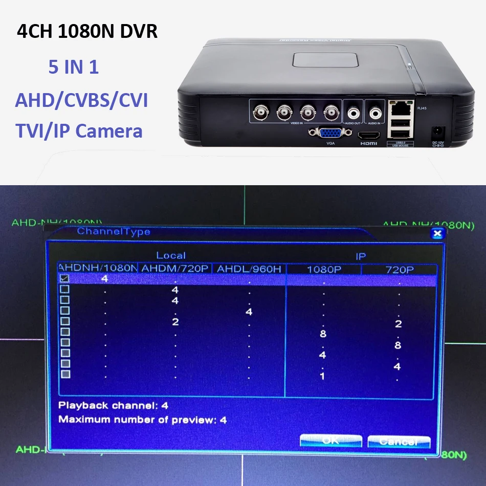 AHD 1080N 4CH 8CH CCTV Mini DVR AHD TVI CVI CVBS For HDMI Security System Onvif