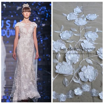 

120cm 1 yard Hight quality off white 3D flwoers on white net embroidered fashion show wedding dress/evening dress lace fabric