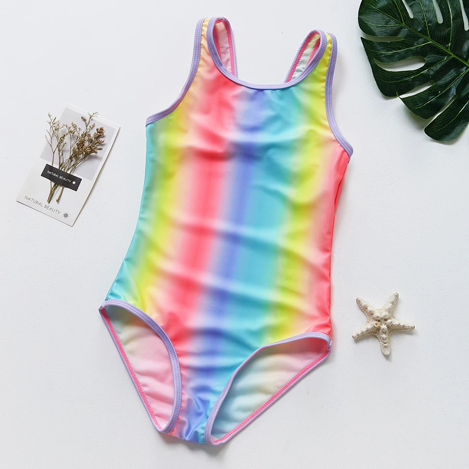 

2019 New Girls Swimsuit 8~16Year Girls Swimsuit Rainbow Style Children Swimwear High Quality Kids Beach Wear UPF50+ CZ995
