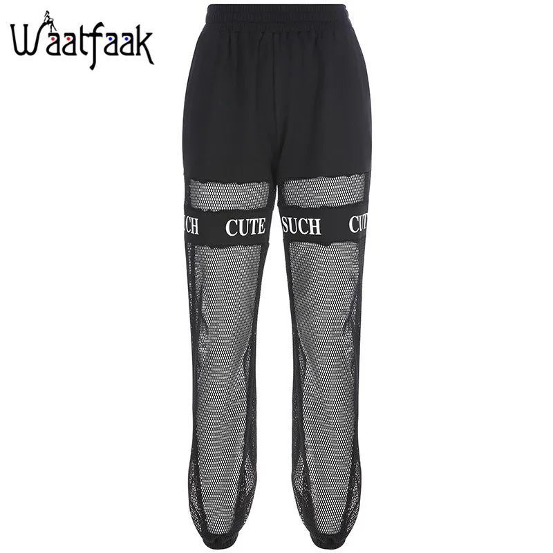 Waatfaak, свободные штаны с высокой талией, женские хлопковые повседневные Лоскутные Черные Сетчатые спортивные штаны в стиле хип-хоп и джоггеры, уличная одежда с вырезами - Цвет: Черный