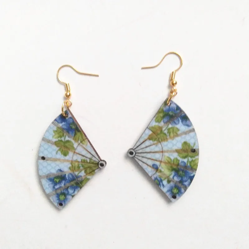 

Both Sides Printing Wood Fan Earrings Wood Drop Earrings Personality Friendly Wooden Jewelry Handicraft Gift