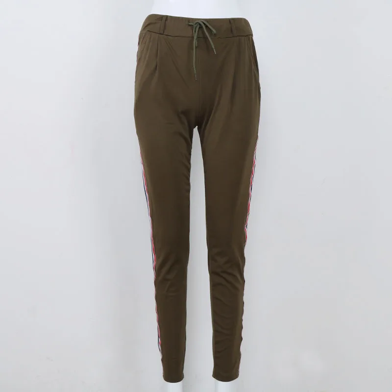 Эластичные женские брюки в полоску с высокой талией, повседневные облегающие Женские брюки с завязками, весна, тренировочные брюки-карандаши для женщин - Цвет: amry green