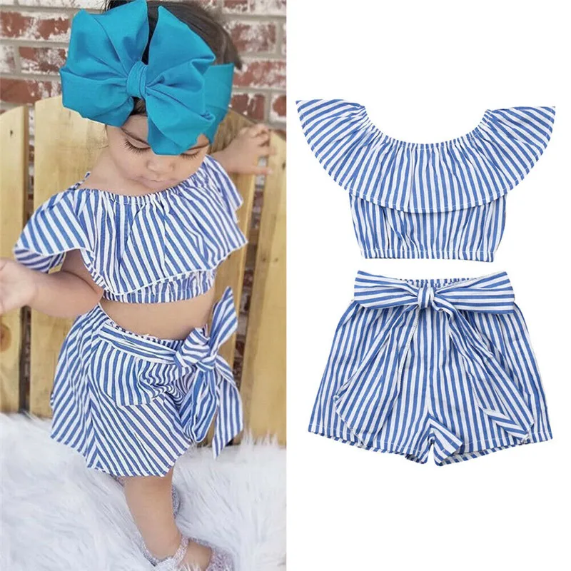 

1-6Y Summer Kids Baby Girls Clothing Sets Cotton Striped 2Pcs Child Girl Outfits Off Shoulder Crop Tops+Bow Lace-up Shorts