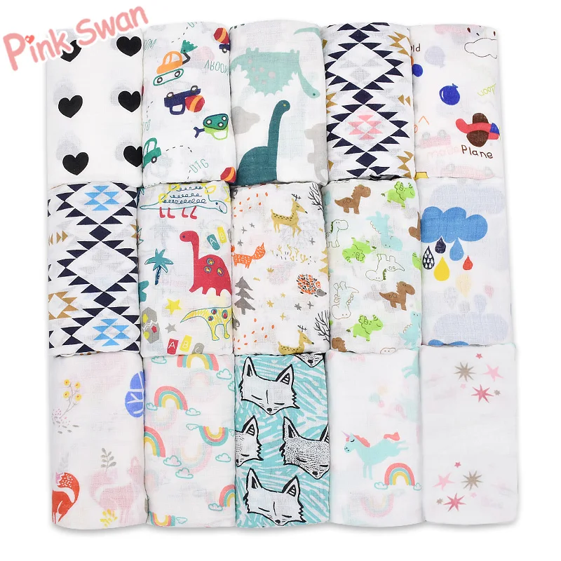 PINK SWAN100%Muslin Cotton Blankets Dinosaur Unicorn Patterns Multi-use Newborn Swaddle...