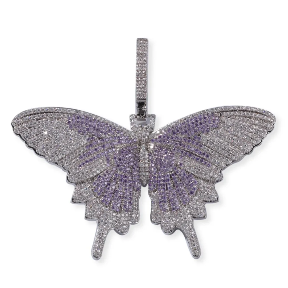 Шикарный король цветные бабочки кулон ожерелье вымощено из AAA кубического циркония с 20 мм CZ кубинской цепи мужские ювелирные изделия Хип-хоп - Окраска металла: silver purple color