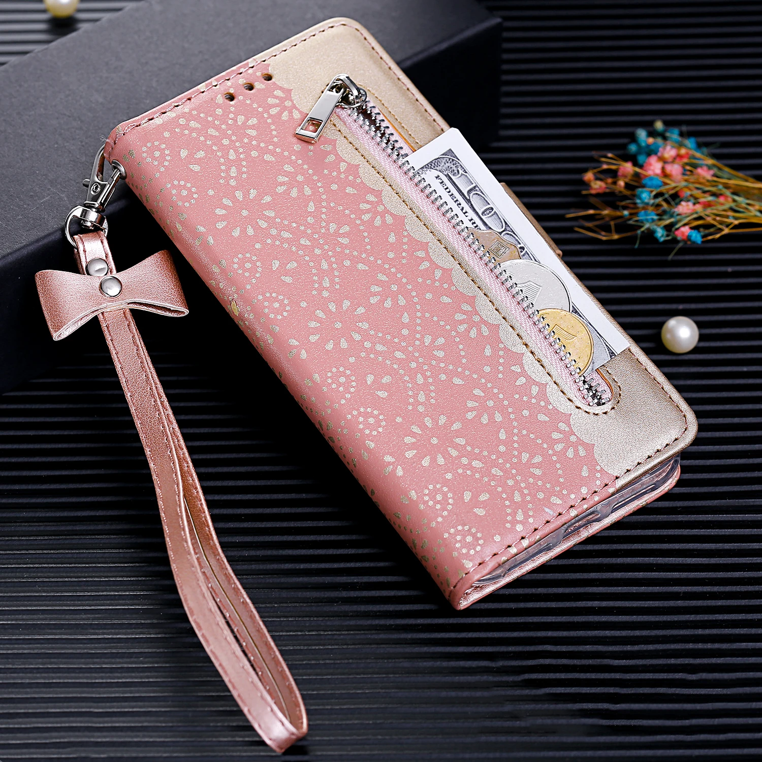 

Lace zipper Wallet Flip Card Slot Holster Cases For iPhone 7 8 6 6S Plus For Apple Case For iPhone X XS Max XR Flip Case Cover