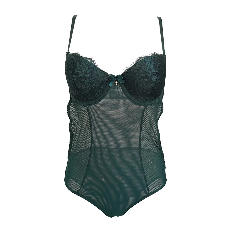

Dark Green Lace Perspective Gauze Bow Rhinestone Sexy Women's Bodysuit Fashion Bra & Brief Sets Female Lingerie Gift SLA029